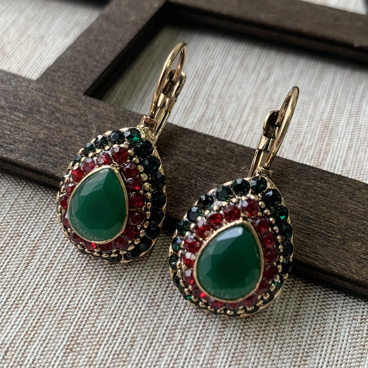 Vintage Teardrop Turquoise & Red Gemstone Earrings with Golden Beaded Frame